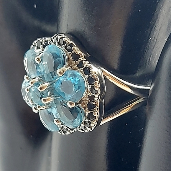Natural Blue Apatite 5x4mm & Black Spinel 925 Sterling Silver Ring Size 7 - Picture 3 of 11